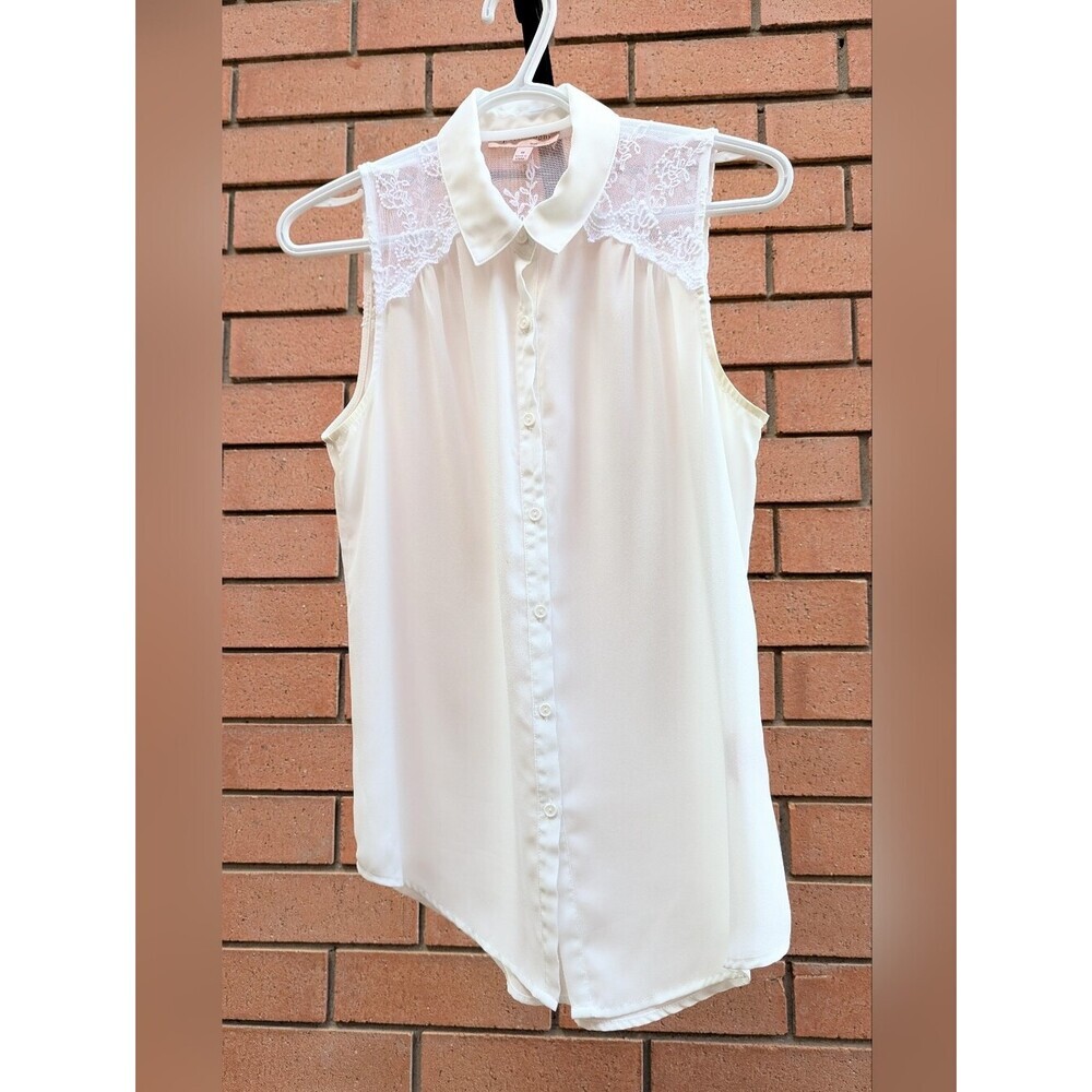 Philosophy Women's (Medium) Ivory Sleeveless Collared Button-Down Blouse w/Lace